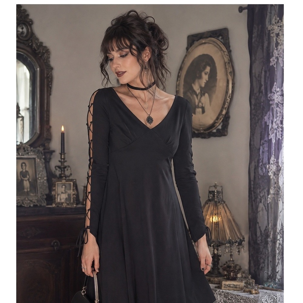 Nine West Black Womens 8 Dress Whimsy Goth Witchy 90s Vintage Romantic Bohemian